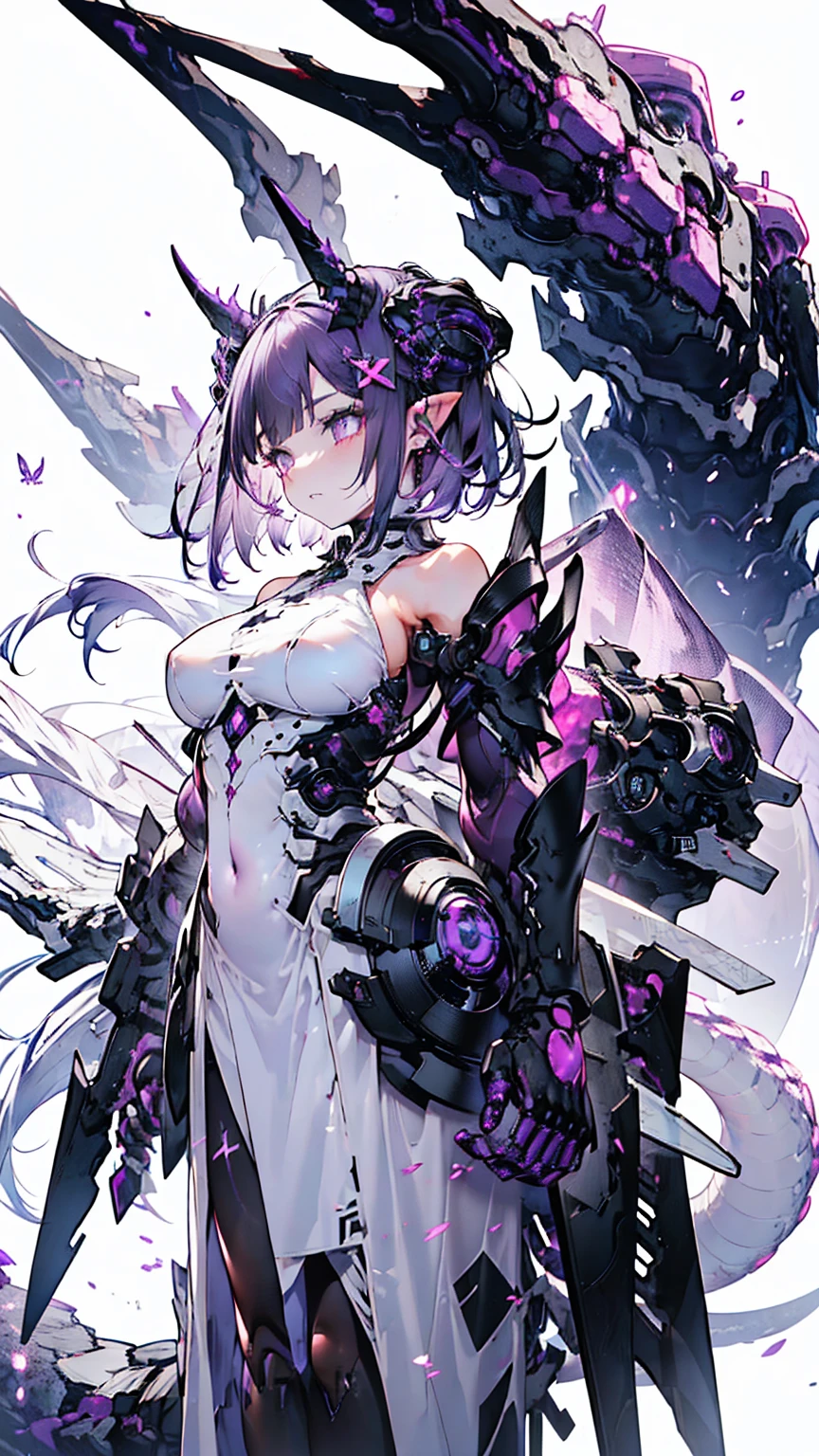 Deep Dark Purple Short bob hair, purple eyes, dark grey long-sleeved shirt, Black trousers, Deep dark purple overcoat, Cyber dragon, hacker, Purple horn, Cyborg, Hologram, Gigantic Purple dragon wing, One gigantic dragon, Cyber background