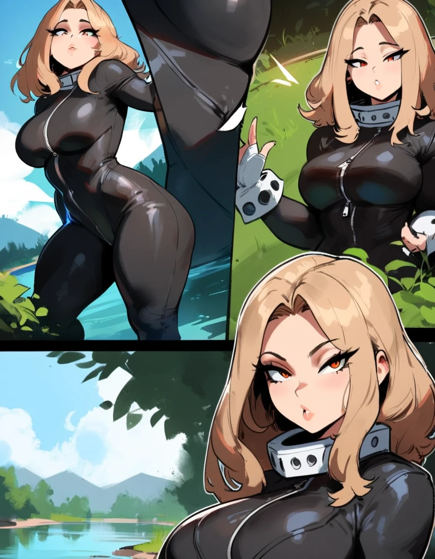 1girl, utsushimi kemii, boku no hero academia \\\\\ masterpiece, best quality, very aesthetic, absurdres, newest \\\\\\ slim body,///// ,by nyantcha,cutesexyrobutts , by khyle,,////// beautiful face, y, simple black catsuit with blending patterned lines and a zipper running down the middle , greenery,plump and glossy lips, lake, looking at viewer, close-up