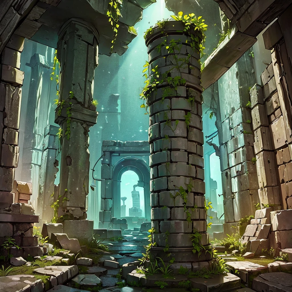 ((((No humans))))、Highest quality, Best Quality,((((Ancient ruins、rock、get lost、In the dungeon))))、Yellow glowing pedestal