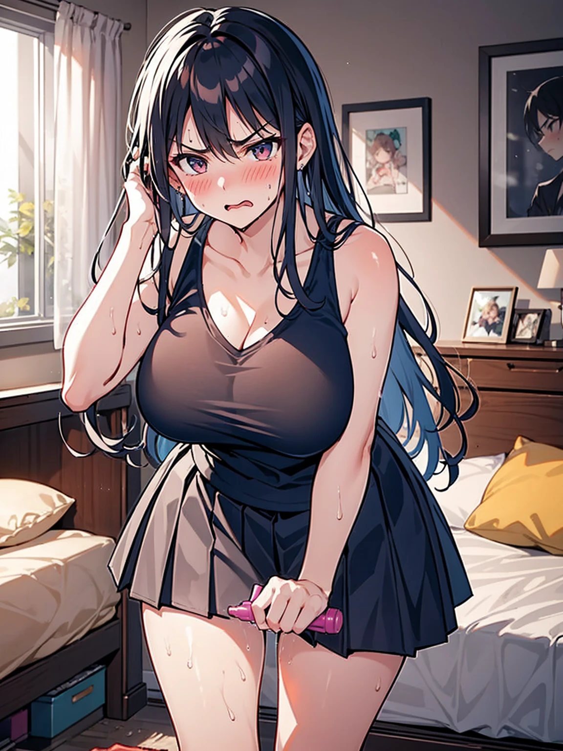 Grabbing a dildo inserted in pussy 1:3,, Pleated skirt, My Room, (Angry face, blush, Sweat), standing, navy long hair, Big Breasts