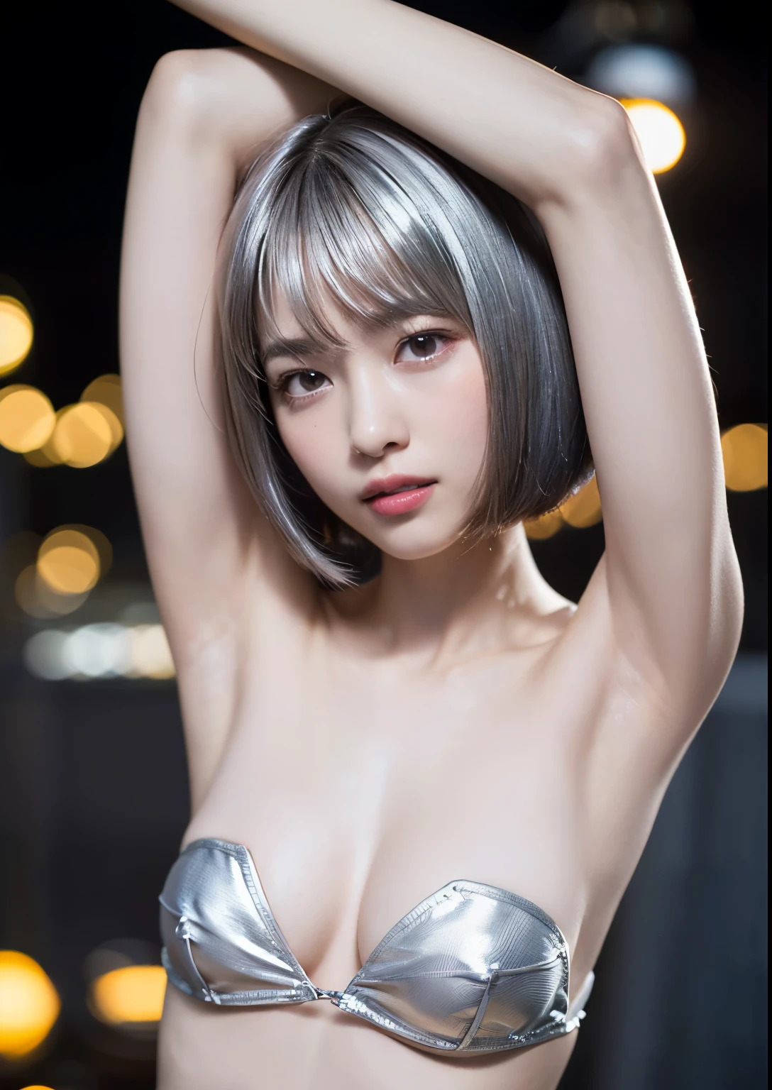 smile,((NSFW)),(Best Quality:1.2), Female dog,(Female organ:1.1),8K, Raw photo, Beautiful sexual woman, Cute beautiful girl,((Her naked lower body is visible、股間のFemale organが見えている:1.3))、((Exposed armpits:1.4))、((Small breasts:1.5))、((Short bob cut silver hair:1.7))、Blue LED light、 Cleavage、high tech、Ultra-high resolution、32k、 (strapless micro bikini)、(detailed:1.4)、Night scene background、Rainy Town、Beautiful Face、Professional Lighting、masterpiece、Very detailed and beautiful professional photography