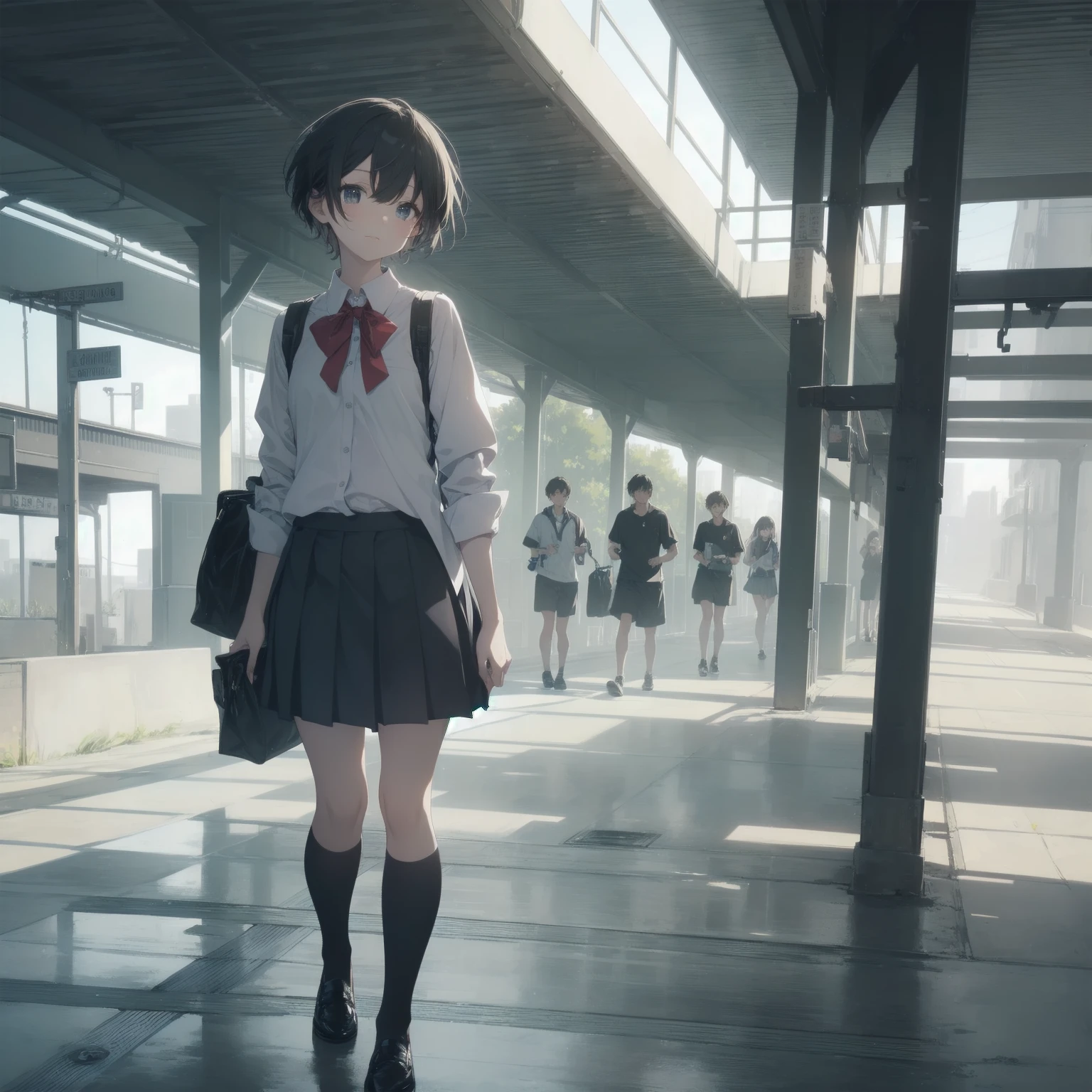 ultra-absurdres-Top quality by artist God, ultra-detailed, high resolution, anime moe artstyle, best anime 8k konachan wallpaper, pixiv contest winner, pool:2810, perfect anatomy,break, 1girl, (Please draw a girl walking sleepily to school alone. )break,(Solo,little female, 13-year-old:1.3),Full limbs, complete fingers,a junior high school student, (very short hair), short cut, flat chest, , small butt, small black eyes, beautiful detailed eyes, well-proportioned iris and pupils, expressive eyes, highres detailed hair, soft expression, salor school_uniform, sailor collar, serahuku, bow, pleated skirt,(Detailed Lighting), (Detailed background), in the School commute route. break,super detailed skin, Best cinematic lighting powered by famous artist, 8k,beauty illustration,photoshop_(medium),very aesthetic,break,((artist:saiguchi_otoufu )), artist:clamp ,artist:carnelian ,artist:kantoku ,