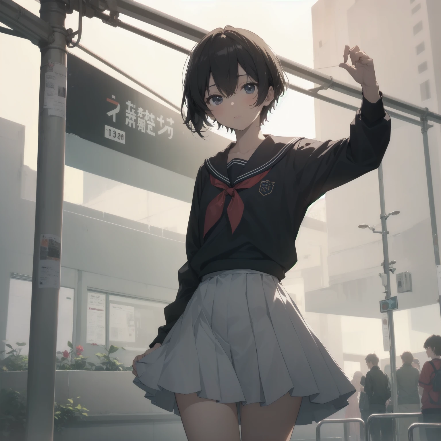 ultra-absurdres-Top quality by artist God, ultra-detailed, high resolution, anime moe artstyle, best anime 8k konachan wallpaper, pixiv contest winner, pool:2810, perfect anatomy,break, 1girl, (Please draw a girl walking sleepily to school alone. )break,(Solo,little female, 13-year-old:1.3),Full limbs, complete fingers,a junior high school student, (very short hair), short cut, flat chest, , small butt, small black eyes, beautiful detailed eyes, well-proportioned iris and pupils, expressive eyes, highres detailed hair, soft expression, salor school_uniform, sailor collar, serahuku, bow, pleated skirt,(Detailed Lighting), (Detailed background), in the School commute route. break,super detailed skin, Best cinematic lighting powered by famous artist, 8k,beauty illustration,photoshop_(medium),very aesthetic,break,((artist:saiguchi_otoufu )), artist:clamp ,artist:carnelian ,artist:kantoku ,