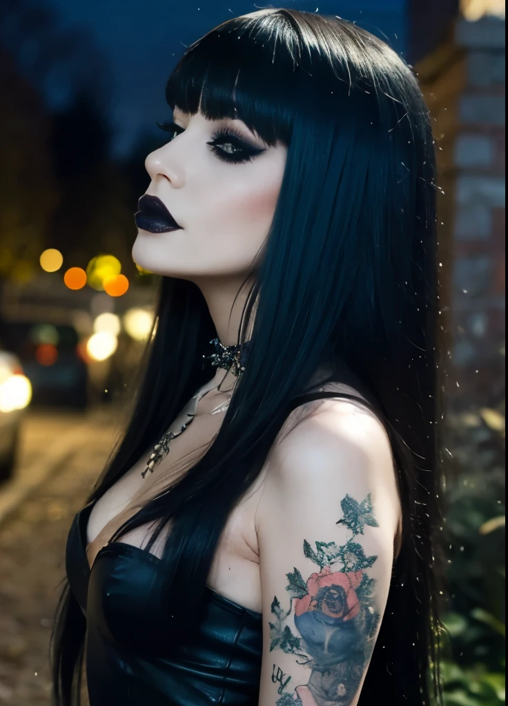 (masterpiece,detailed,highres:1.4) , model shot, close up, detailed face, fine detailed eyes, The most beautiful gothic girl in the world, ((long black hair with fringe, goth makeup)), hot Body, hips, form fitting clothing, pantyhose, ((dark cemitery background, night, under The moonlight)), gothic theme, gothic clothing, natural lighting.