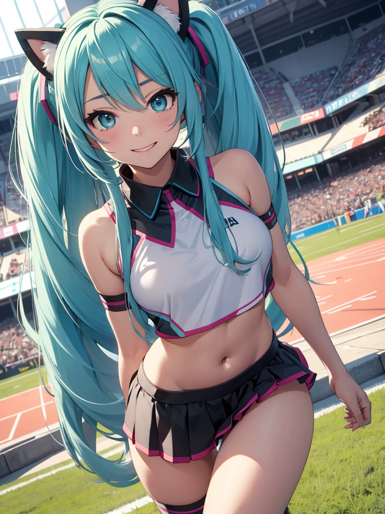 Hatsune Miku, cheerleader, smiling, makeup, cat ears