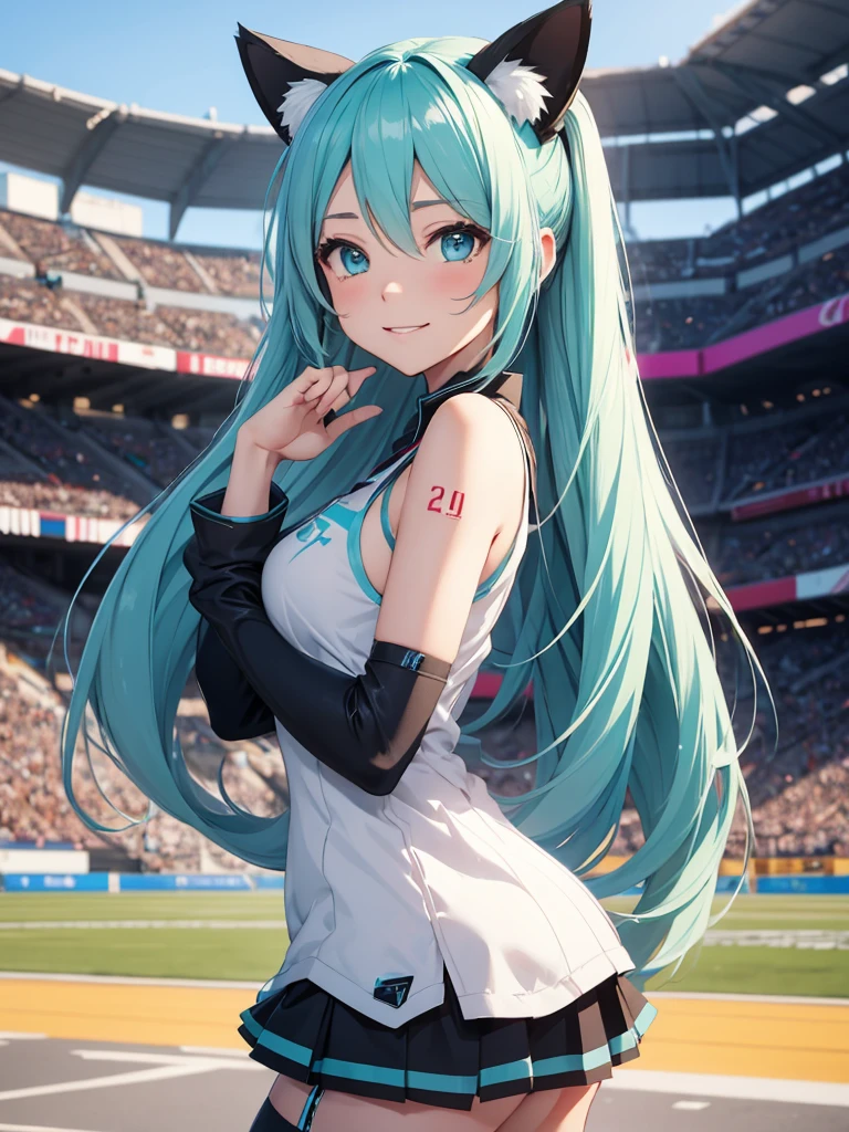 Hatsune Miku, cheerleader, smiling, makeup, cat ears