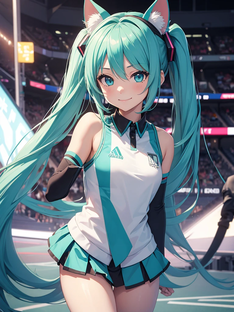 Hatsune Miku, cheerleader, smiling, makeup, cat ears