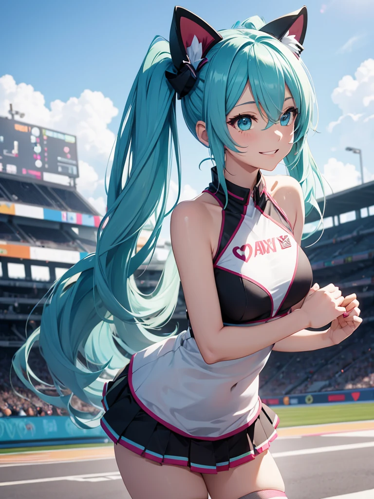 Hatsune Miku, cheerleader, smiling, makeup, cat ears