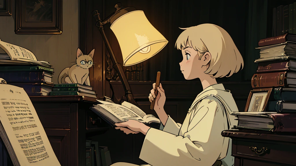 A girl, ensconced in a cozy corner on a rainy evening, sits surrounded by a jumble of books with an intensely profound study attitude. The soft yellow glow of the desk lamp illuminates her thoughtful expression, revealing her deep concentration and composed posture. Her inquisitive eyes dart back and forth between the pages, her nimble fingers turning them with subtle tilt, as she absorbs the old world wisdom contained within. The timeworn margins and sultry aura of the books add to the quiet night ambiance, creating a peaceful and tranquil countenance. This scholarly young woman, clad in plain attire, appears to be a seeker of knowledge and intellect,Width cat