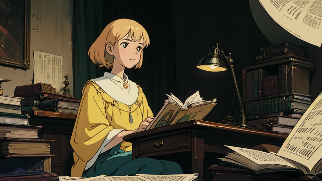 A girl, ensconced in a cozy corner on a rainy evening, sits surrounded by a jumble of books with an intensely profound study attitude. The soft yellow glow of the desk lamp illuminates her thoughtful expression, revealing her deep concentration and composed posture. Her inquisitive eyes dart back and forth between the pages, her nimble fingers turning them with subtle tilt, as she absorbs the old world wisdom contained within. The timeworn margins and sultry aura of the books add to the quiet night ambiance, creating a peaceful and tranquil countenance. This scholarly young woman, clad in plain attire, appears to be a seeker of knowledge and intellect,Width cat