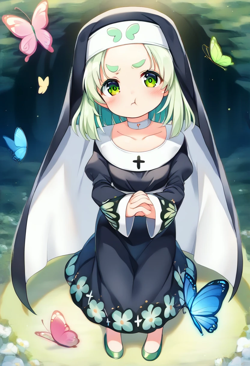 score_9, ,score_7_up, score_6_up, 1girl, source_cartoon, source_anime,breathtalking Scenery,watercolor,smooth soft skin, natural skin,bnp
BREAK
(:1.4),(little female child:1.4), small breast,cute face, (lolidler:1.1), 6 yo,kawaii, (highlight on eyes), (jiggly:0.8), shiny skin,
BREAK
(medium green hair:1.3),(green maro eyebrows:1.6),pouty and slightly grumpy,(pout:1.2), ::(, (jitome),(frown:0.6),white streaked hair, green eyes,
BREAK
(Floral print nun dress:1.1), (pastel veil:1.2),choker,nun,butterfly sleeves, excessive detailed collarbone,exposed collarbone, dynamicangle,dynamicpose,full body,
BREAK
In a secluded setting, surrounded by a dense forest, the bog lay hidden like a secret gem, its misty surface whispering tales of ancient times,full body,dynamicangle,dynamicpose,
