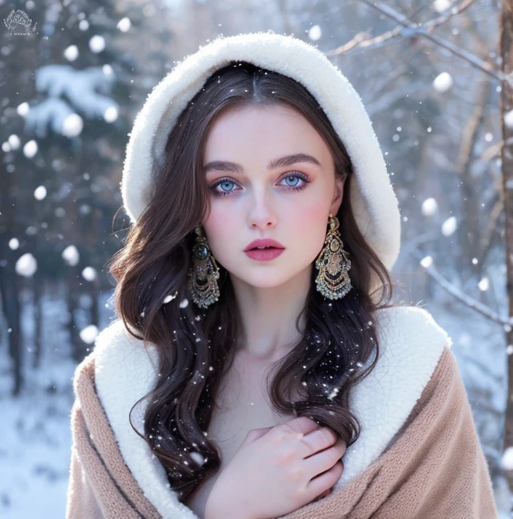 Beautiful girl - Lily Rose Depp, blue eyes, long curly white hair witg, detailed facial traits, beautiful earrings, national turkic female dress, naked breasts, naked nipples, yurta behind, it's snowing, sexy pose