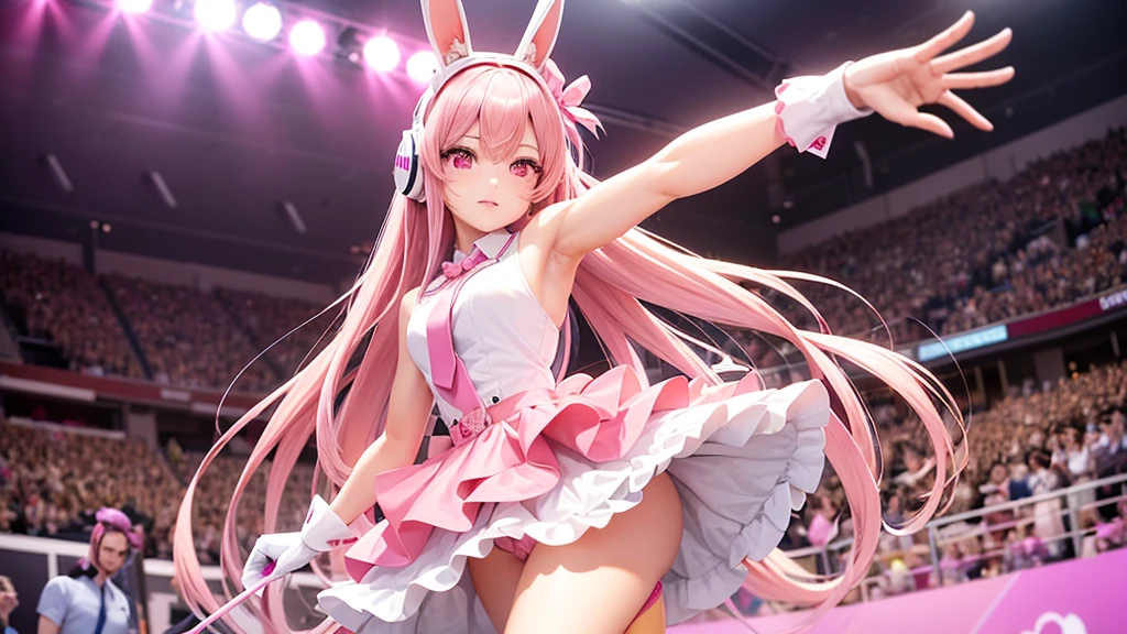 A woman with pink hair, long flowing hair, a mannequin figure, has rabbit bow robot headphones and pink eyes, has a cute face, wears a white sleeveless shirt with a pink skirt attached. There's a pink tie. Wear white gloves, pink cuffs, and pink high heels. Standing and posing like an idol