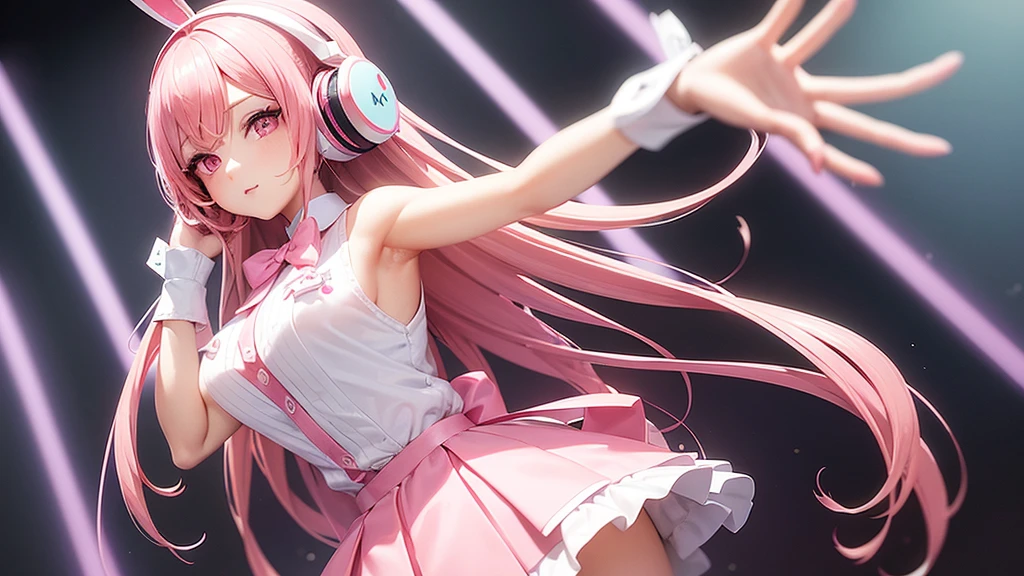 A woman with pink hair, long flowing hair, a mannequin figure, has rabbit bow robot headphones and pink eyes, has a cute face, wears a white sleeveless shirt with a pink skirt attached. There's a pink tie. Wear white gloves, pink cuffs, and pink high heels. Standing and posing like an idol