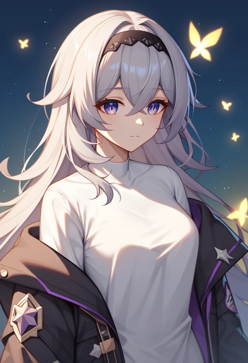 firefly_\(honkai:_star_rail\), 1girl, black_hairband, grey_hair, long_hair, purple_eyes, black_jacket, long_sleeves, hair_between_eyes, white_shirt, very_long_hair