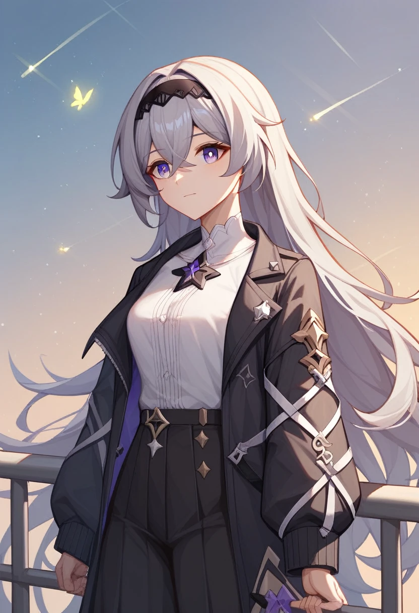firefly_\(honkai:_star_rail\), 1girl, black_hairband, grey_hair, long_hair, purple_eyes, black_jacket, long_sleeves, hair_between_eyes, white_shirt, very_long_hair