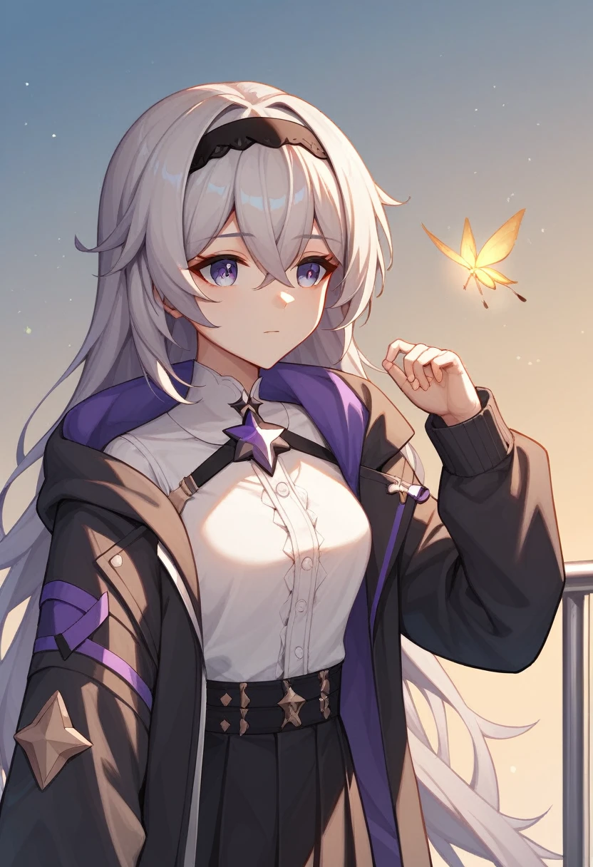 firefly_\(honkai:_star_rail\), 1girl, black_hairband, grey_hair, long_hair, purple_eyes, black_jacket, long_sleeves, hair_between_eyes, white_shirt, very_long_hair
