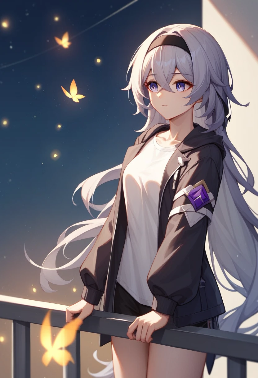 firefly_\(honkai:_star_rail\), 1girl, black_hairband, grey_hair, long_hair, purple_eyes, black_jacket, long_sleeves, hair_between_eyes, white_shirt, very_long_hair