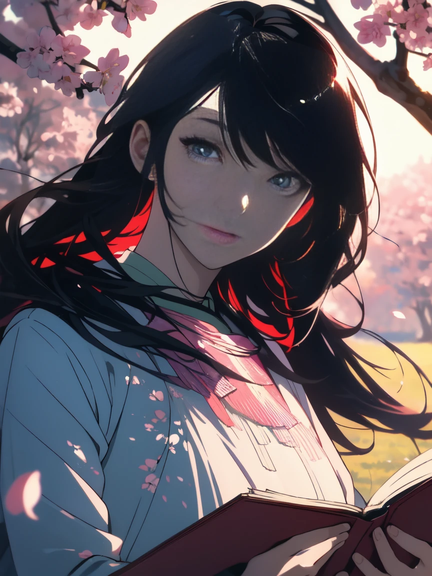 ‪ (masterpiece, 8K, Absurd, Digital Art, Digital Illustration, Realistic, Very detailed, Realistic lighting), (Perfect Face, Perfect Eyes, Perfect body), male,1 person, 20代の若いネクロマンサーのmale,Reading under the cherry blossom tree, Sit under the tree, spring afternoon, Wide shot including cherry blossoms, Eye height, Soft sunlight, Character peaceful face, Textured and tranquil, Calm and joyful, Anime Style, Fascinating anime, Pixiv Fan Art,