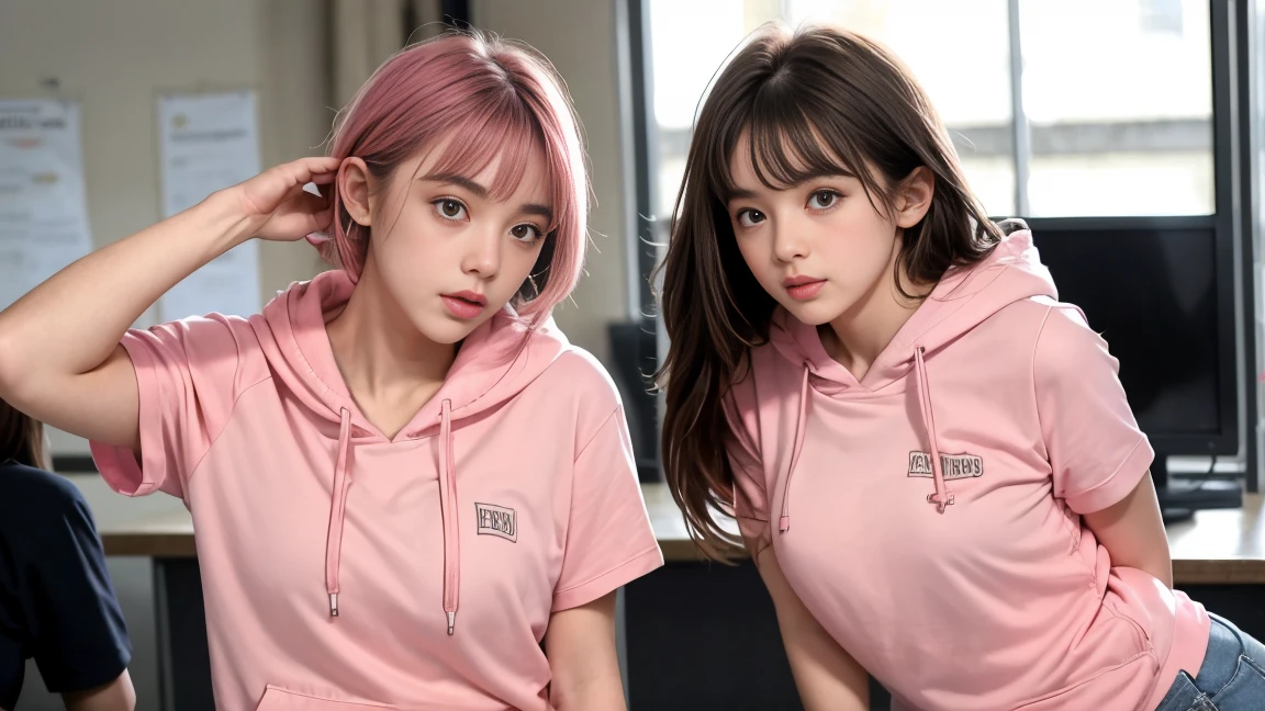 deux femmes ensemble de 18 ans sexy et mince , pink short sleeve hoodie , salle de classe, se touche,position sey,sensuel