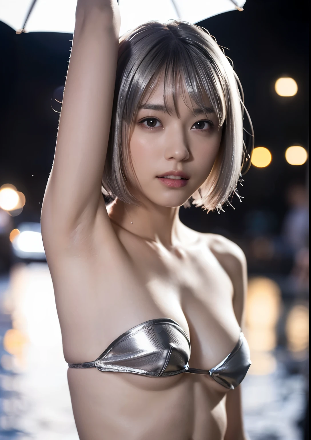 smile,((NSFW)),(Best Quality:1.2), Female dog,(Female organ:1.1),8K, Raw photo, Beautiful sexual woman, Cute beautiful girl,((Her naked lower body is visible、股間のFemale organが見えている:1.3))、((Exposed armpits:1.4))、((Small breasts:1.5))、((Short bob cut silver hair:1.7))、Blue LED light、 Cleavage、high tech、Ultra-high resolution、32k、 (strapless micro bikini)、(detailed:1.4)、Night scene background、Rainy Town、Beautiful Face、Professional Lighting、masterpiece、Very detailed and beautiful professional photography