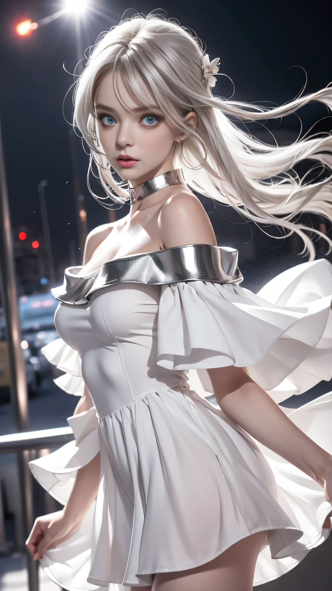 double whirlwind pattern design garment，Iris heterochromatic pupil，silver-haired girl，free high resolution,off shoulders、Off-the-shoulder semi-transparent pure white dress