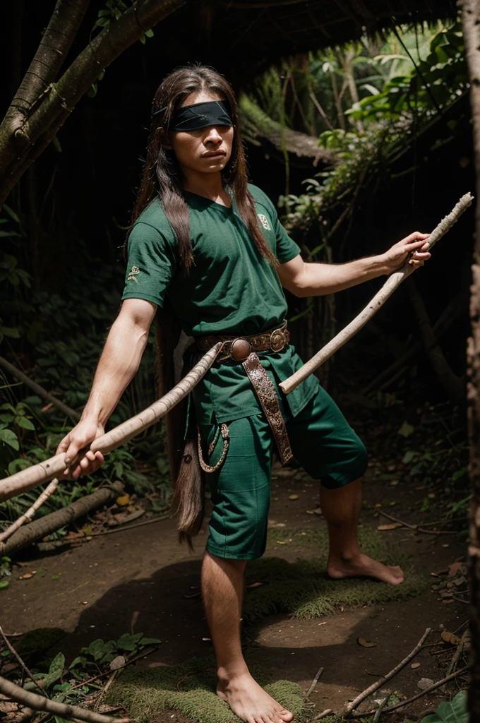 Long haired boy .wear a blindfold belt .wearing a dark green pencak silat shirt with a snakeskin motif .like a warrior .holding a stick .Indonesian forest cave background ..accompanied by a small monkey