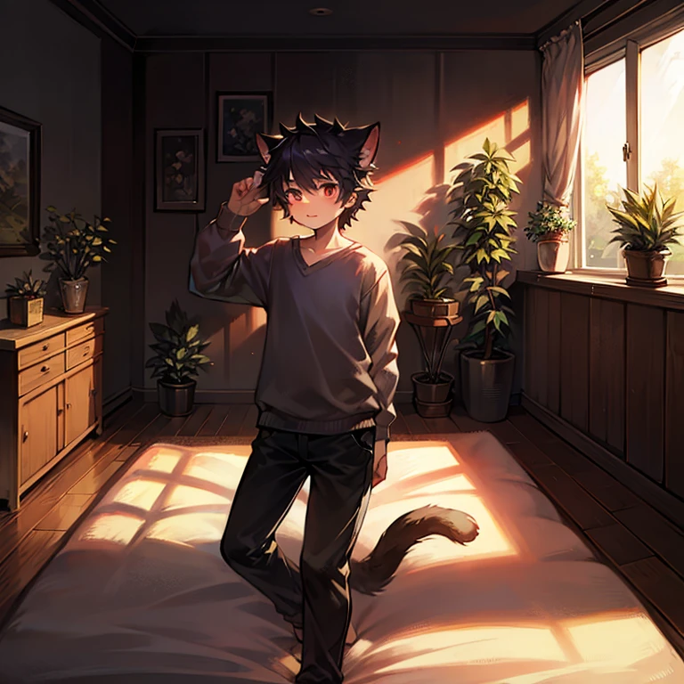 (Dark Environment: 0.8), masterpiece, HD, Puppet Focus, Modern House, bedroom, Potted plants, Human boy,Cat ears,Cat's Tail, Symmetrical figure, Creamy skin tone, Black short hair, Beautiful eyes, Deep blue eyes, Bright Eyes, Tracksuit, sofa, Reclining
