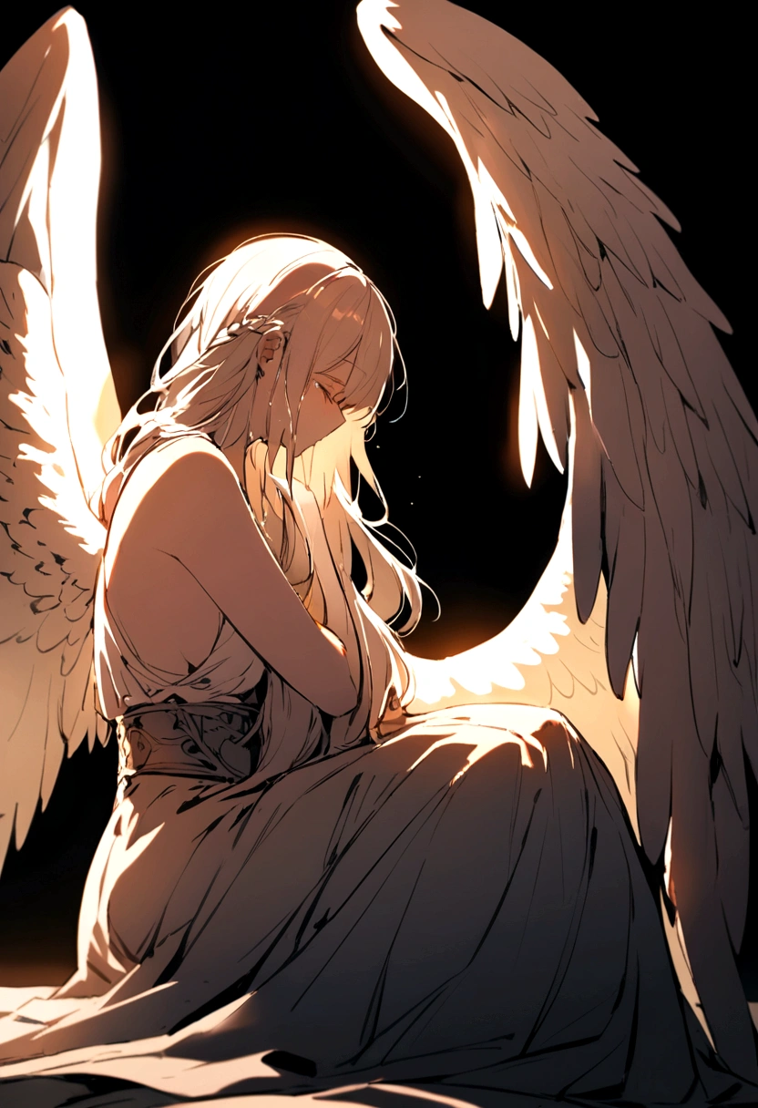 Man with fully glowing body and angel wings sitting in the dark crying