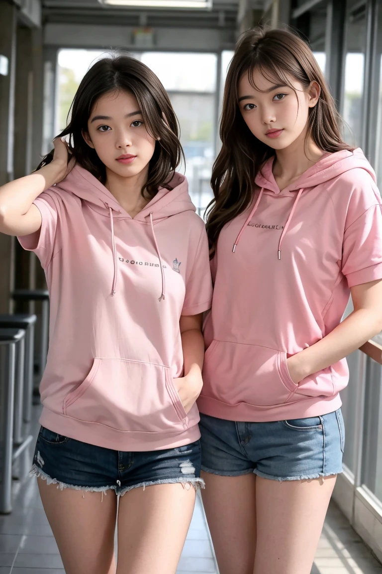 deux femmes ensemble de 18 ans sexy et mince , pink short sleeve hoodie , salle de classe, se touche,position sey,sensuel