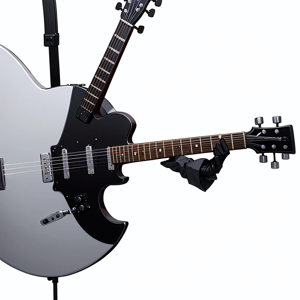 a close up of a Guitar with a black background, translucentSSS, translucent, Cut off, Guitar, Transparent and fair skin, front Photo, detailed picture, Front view full picture, bleak tone, High-detail product photos, electric Guitar, translucentSSS xray, Smooth and streamlined, translucent体, Close-up of the body, High-resolution product photos, Silver, white and red details