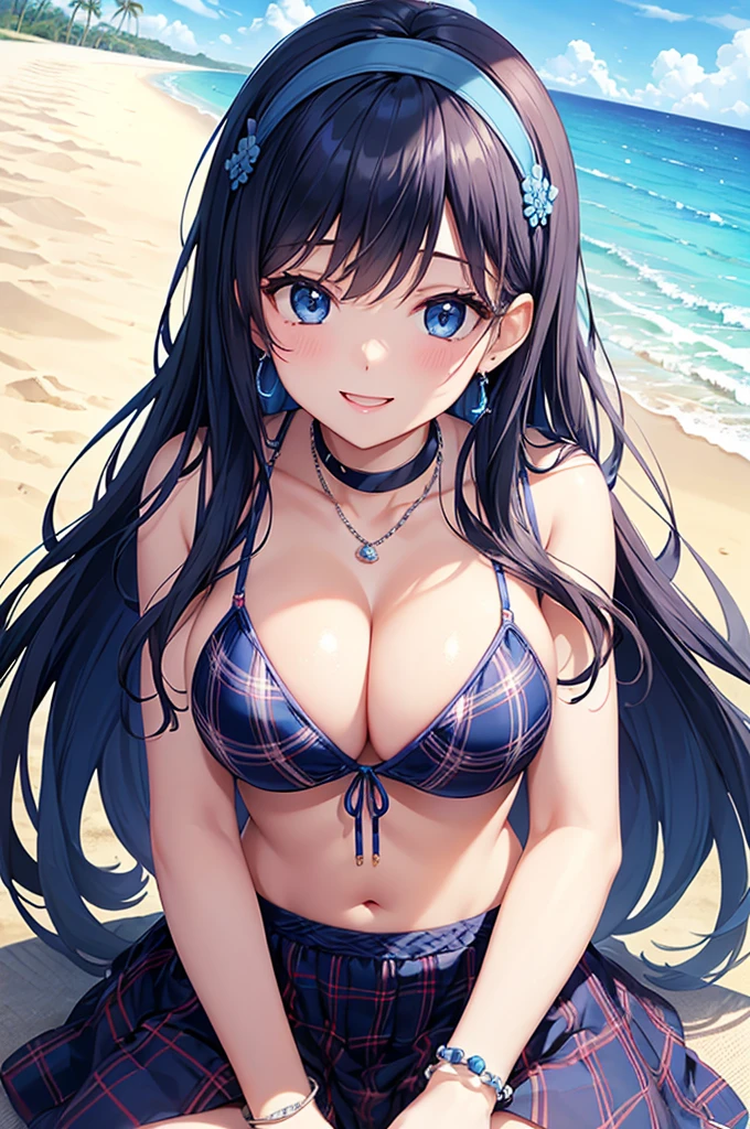 Highest quality、Highest quality、masterpiece、Beauty(Age 25)、(8K),Navy blue long hair、blue eyes、Sexy plaid bikini、Big cleavage、(Big Breasts),smile、blue necklace、Blue Earrings、background(Beach)、Please open your mouth wide、Plaid headband、bracelet、Chest-pushing pose、Blue choker