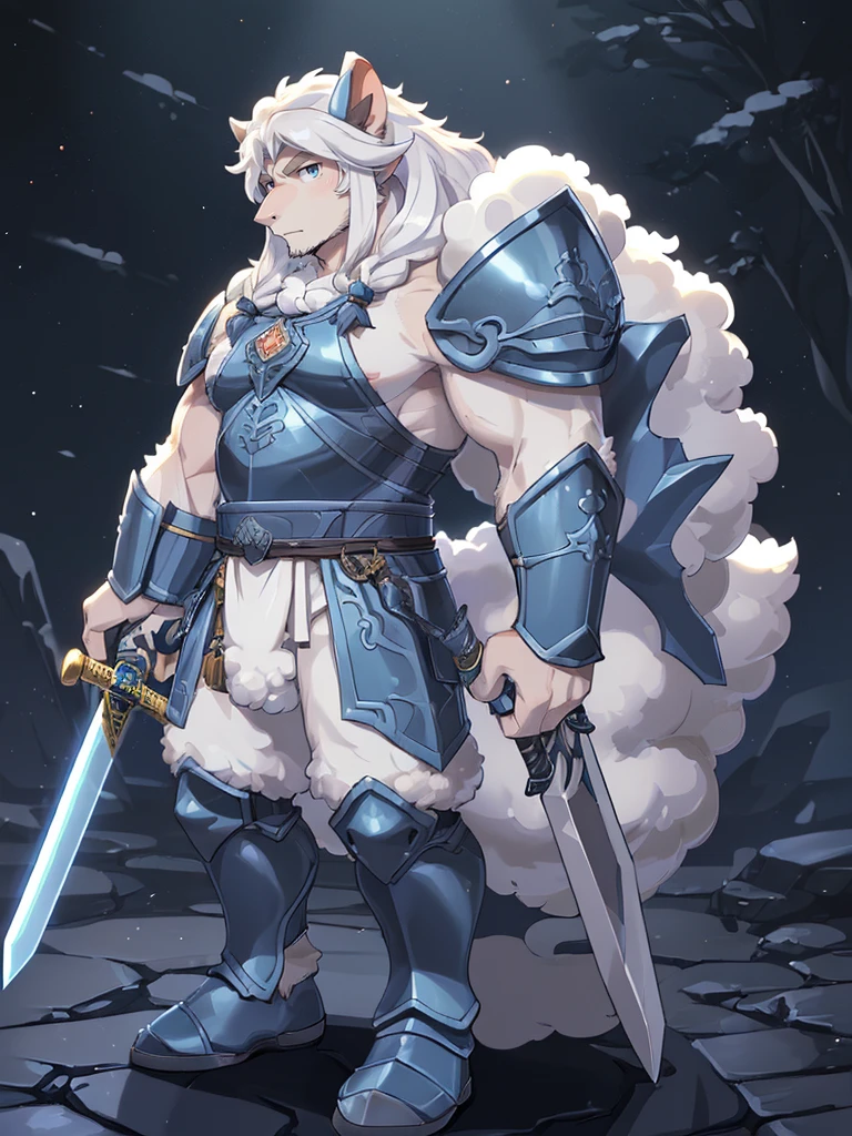 (((a furry sheep))), white fur, (((shoulder long silky hair))), (((handsome, slim fit, small face, ikemen))), paladin, (((white sheep))), ((dark blue armor)), full body, tall, smooth hair, sword and shield, mature, dad, 