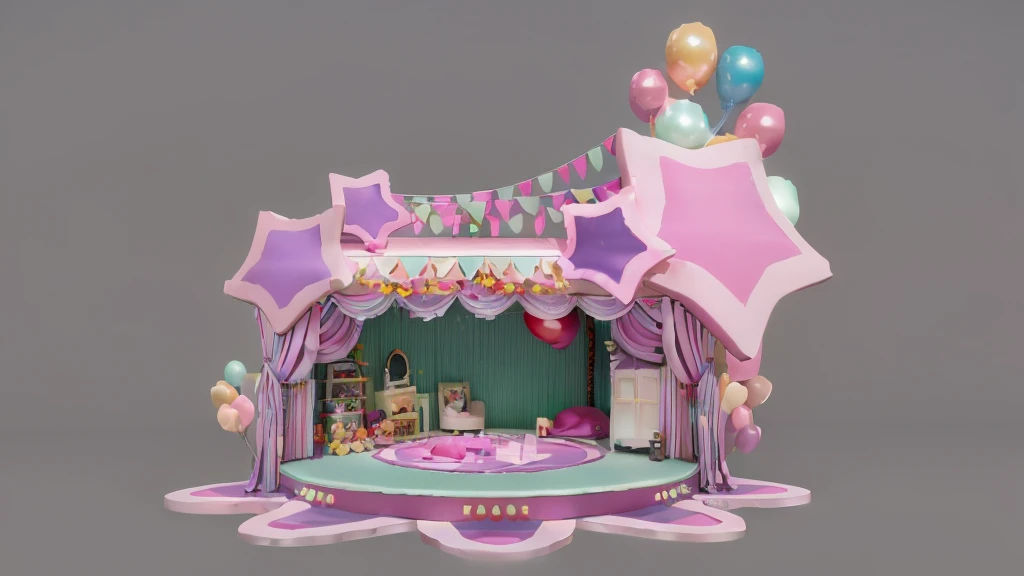 there is a small doll house with a stage and balloons, kawaii hq render, 3 d stylize scene, theater stage, in a candy land style house, 3 d render stylized, 3d magical details, theatre stage, stage, detailed set design, stage background, beautiful render of a fairytale, cute 3 d render, stylized 3d render