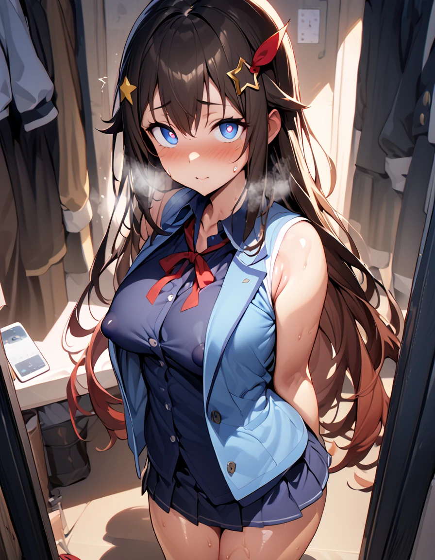 SoraBase, long hair, star hair ornament, hair ribbon, blue eyes, blue vest, sleeveless shirt, red ribbon, ,(masterpiece),(best quality),(ultra-detailed),(best illustration),(best shadow),(absurdres),(detailed face),(very aesthetic),1girl,dim lightning,in dressing room,in heat,horny,looking at viewer,heavy breath,shiny skin,sweat,,,aged up,, teary-eyed,,standing,micro skirt,open vest,open shirt,puffy nipples,hypnotised,pink pupils,phone,