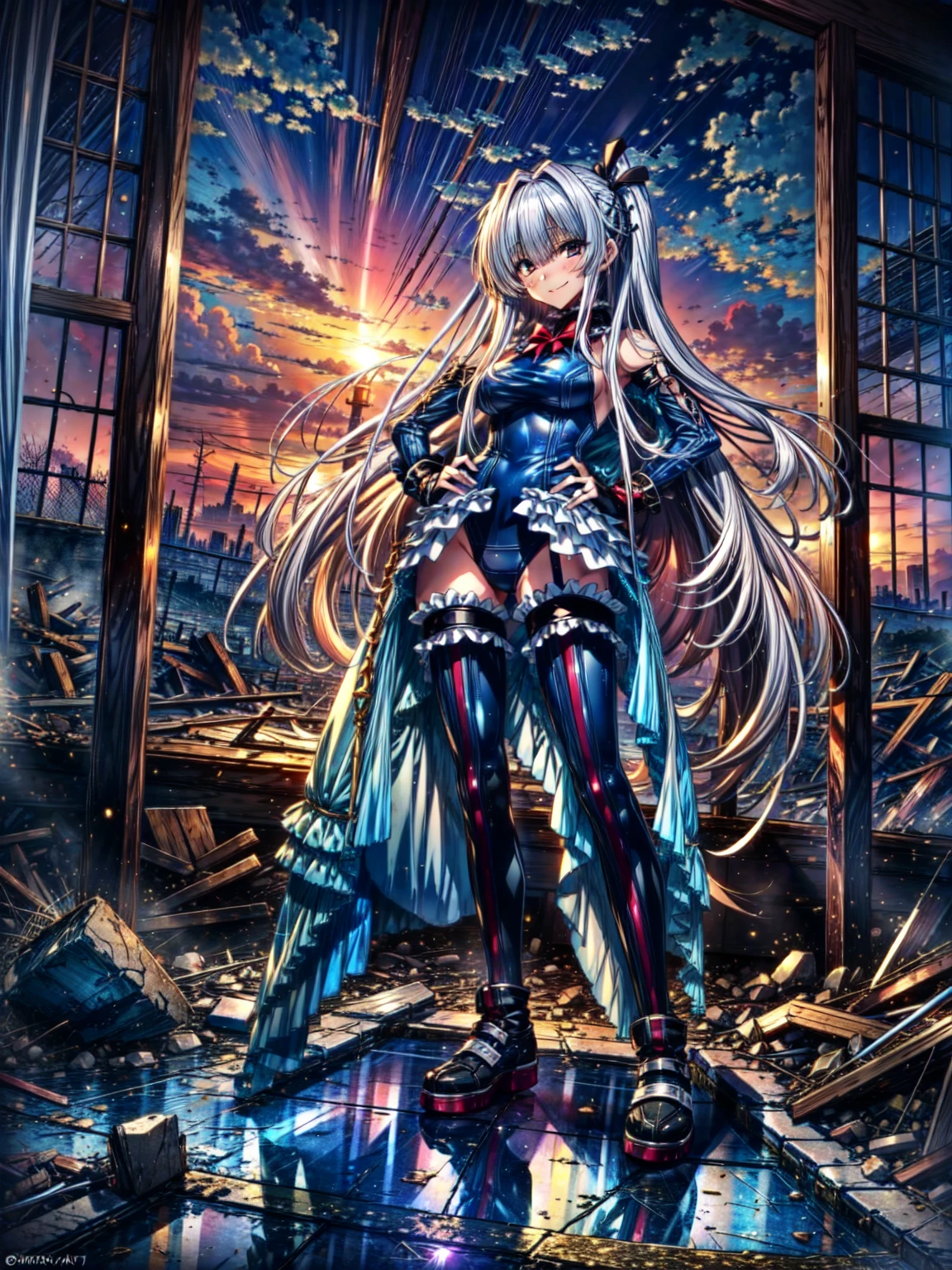 best masterpiece, ultra detailed, best quality, sharp focus, 12k, super high resolution picture, big tits,4K,Perfect Anatomy, highest quality, Rose,Wicked Smile,Provocative attitude
,(young　Girls greet dawn on a pile of rubble:1.1),Wicked Smile,Anime Style,(White ruffled swimsuit, Knee socks, Removed sleeve), (Anime Style:1.4) ,
Silver Hair,(White fingers:1.1,Black gloves),Very long hair,evil aura,(From below),Place your hands on your hips,Hypno Lola、
Hollow Eyes,(full body:1.4)
,1 young girl