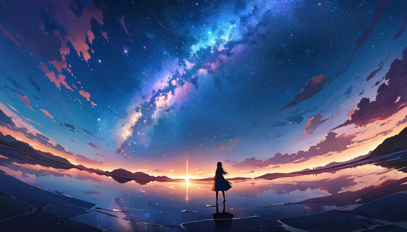Official Art, Integrated 8K wallpapers, Very detailed,  masterpiece, Best image quality，Ultra Wide Angle，night，woman，Standing by the salt lake，Water is like a mirror，Reflecting the sky,Looking up at the sky，The Milky Way is in the sky，Dynamic Angle, Grace, Bright colors