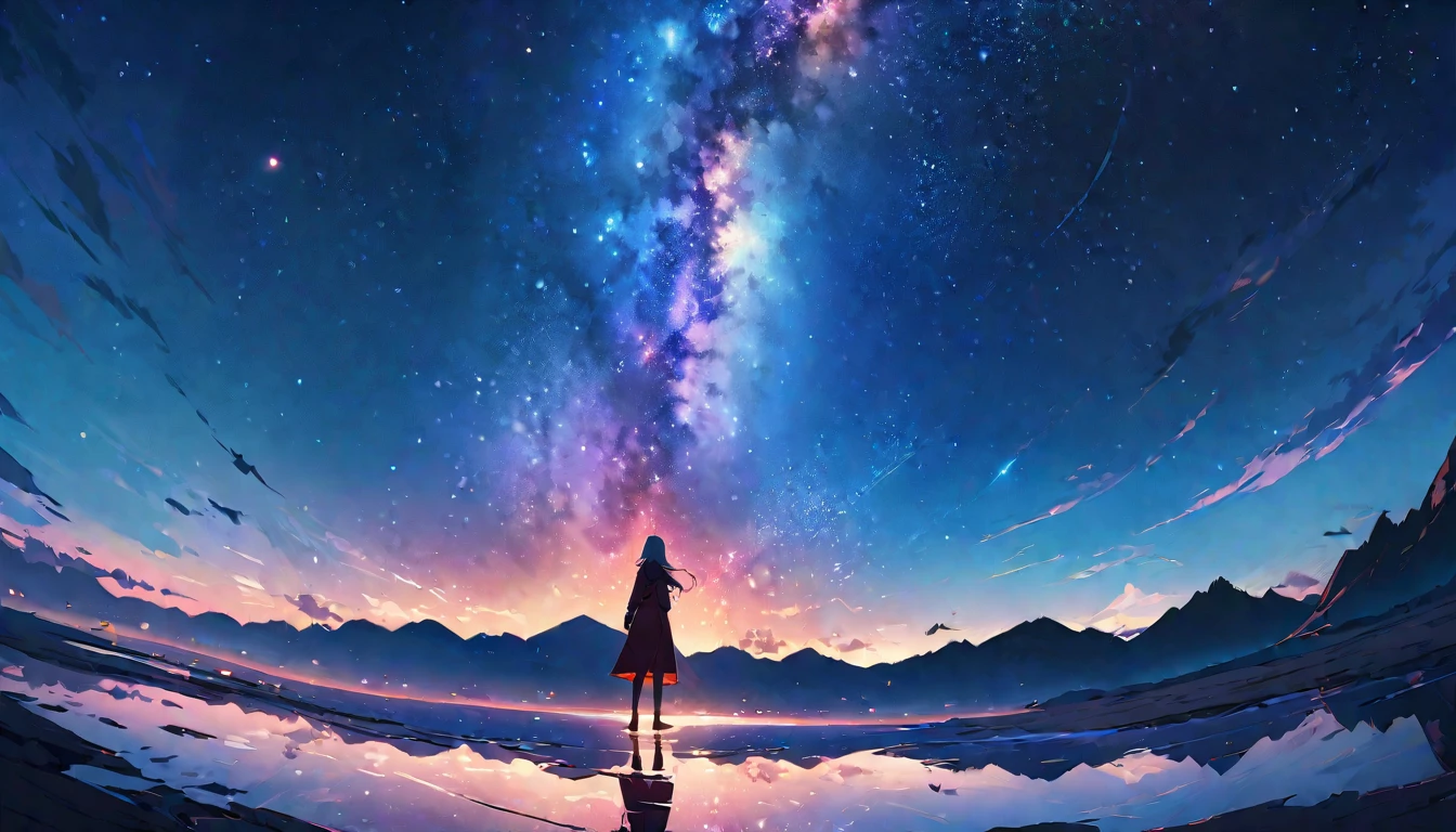 Official Art, Integrated 8K wallpapers, Very detailed,  masterpiece, Best image quality，Ultra Wide Angle，night，woman，Standing by the salt lake，Water is like a mirror，Reflecting the sky,Looking up at the sky，The Milky Way is in the sky，Dynamic Angle, Grace, Bright colors