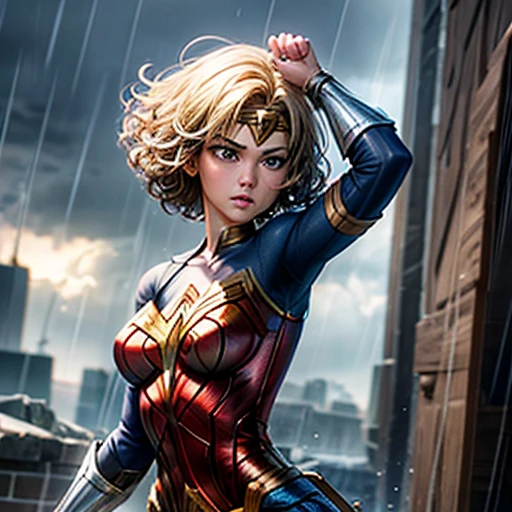 18-year-old girl, Wonder Woman Suit, Short Curly Hair, Blonde, Beautiful Face, rain, roof, masterpiece, Exquisite detail, Perfect Anatomy, Combat Stance