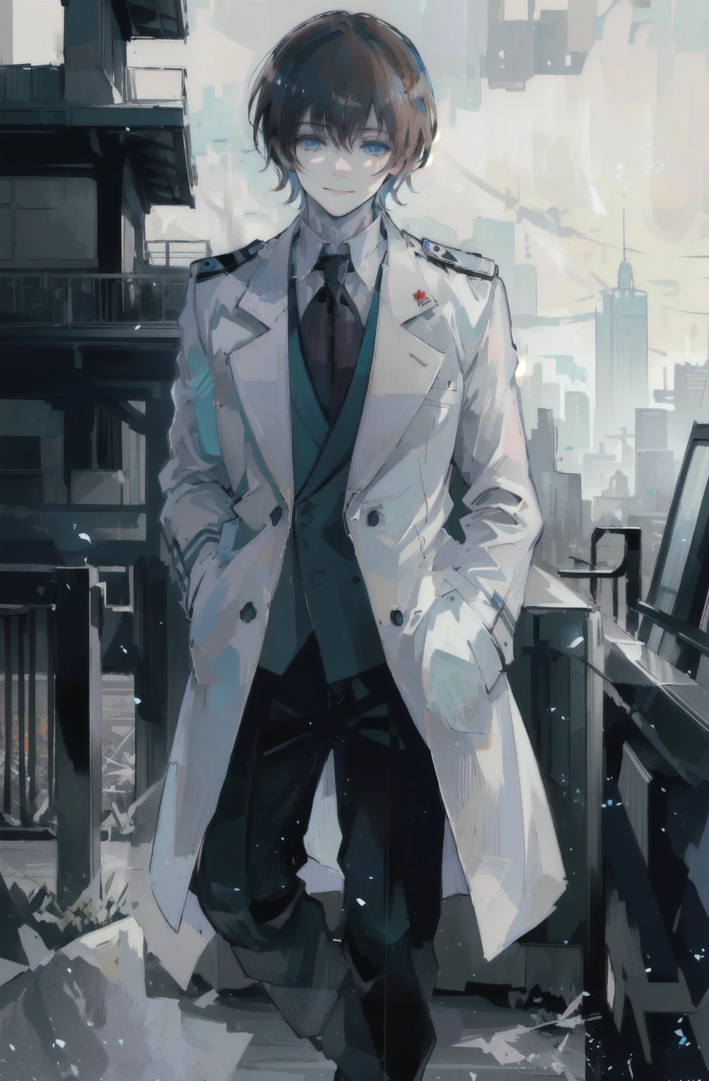 young man, brown hair, blue eyes, smiling, medium hair, wearing a pure white trench coat, wearing black pants, in one city, 4k, detailed, sui ishida art style, detailed eyes,
