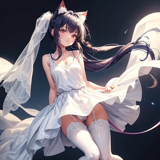 girl, Wearing a wedding dress, White Wedding Dress, Full body painting, slim, Long legs　Dark blue hair girl, Cat ears and tail, Wearing a tank top and racing pants.　 body type　　Twin tails　Female genitalia is visible　　Detailed depiction of female genitalia　Flat Chest　Stern expression　With legs apart