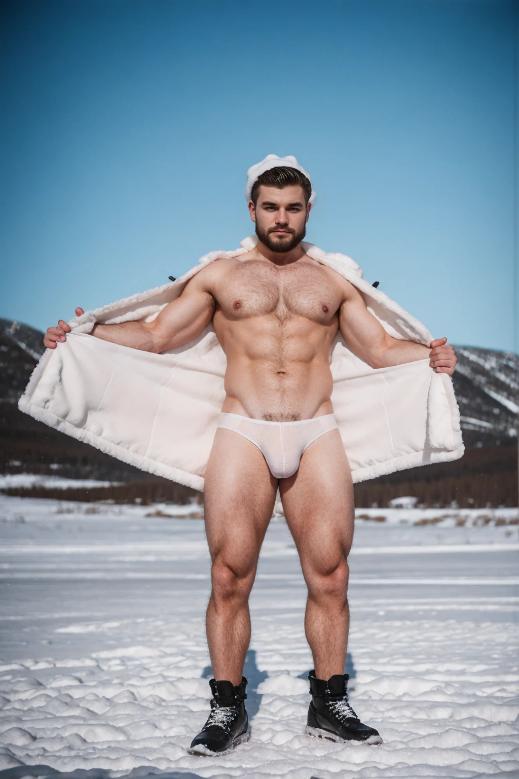 1 stocky shirtless Russian gay is standing with his legs and thighs opened and spread in the snow with wide landscape of snowfield , 1 man only, no other people, iceblocks and icelake and snow scene, he is wearing white fur gloves, fur woolen hat to cover snow , moustache, facial hair, white transparent thong bikini highlighting big bulge and big butts, Wear knee-length fur shoes.,masculine and stocky, shirtless, handsome face with detailed facial features, shirtless and wearing nothing, correct accurate male anatomy,skinny boy body, muscle body,sport body, big muscle, Handsome face, wet oiled waxy shiny greasy muscles and skin, flawless white skin, masterpiece, professional DSLR shoot and retouching, illustration art, shadow, highlight, sharpness, depth of field, dessert and Russian snow field environment, sexy, hot gay erotic illustration art, sexy and hot,Close-up photo