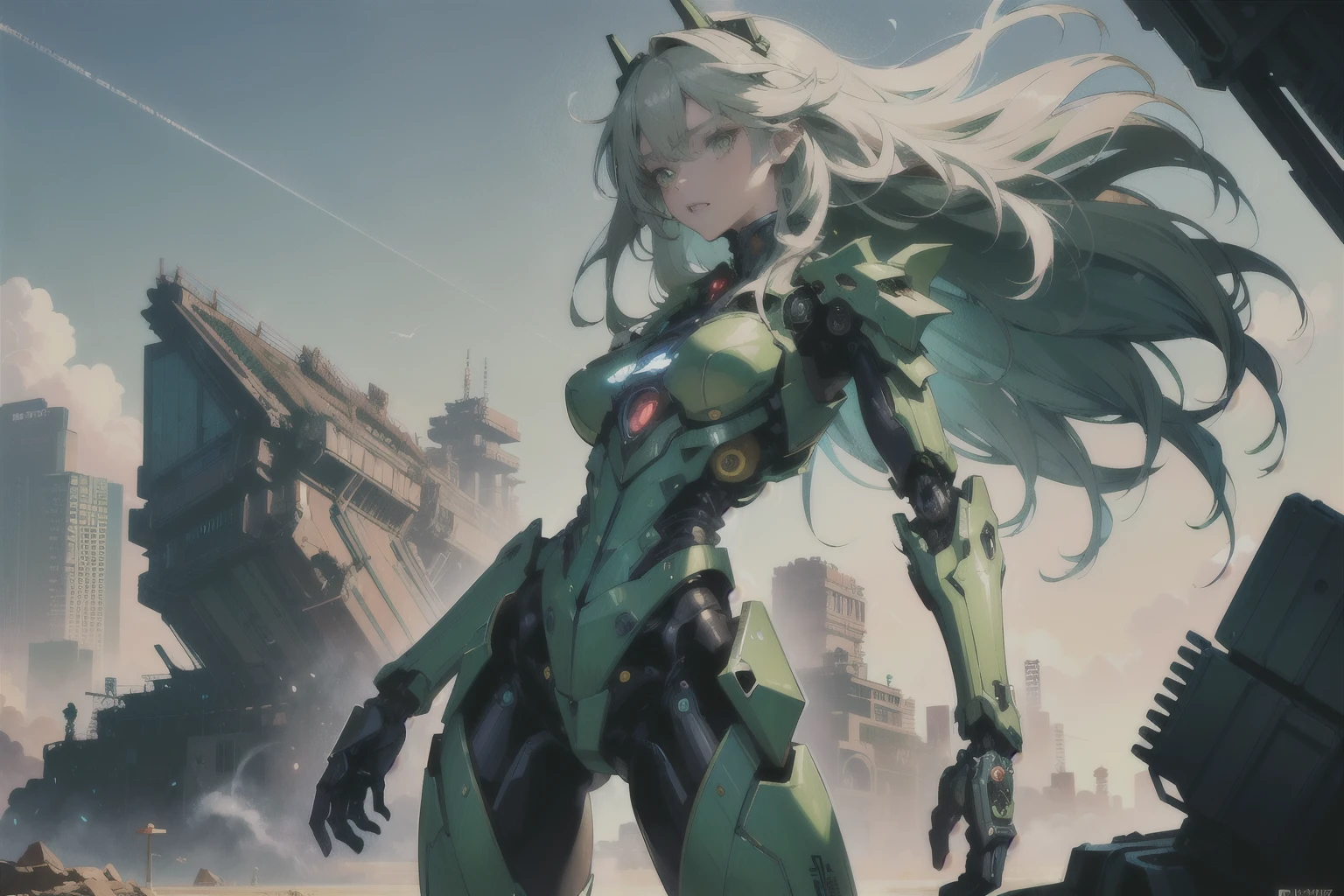 ((Green World ) , Wearing a SF jacket, natural disaster, Anime Style, High detail, Futurism,, (masterpiece:1.2, 最high quality), (live-action, Intricate details), 超High resolution, retina, masterpiece, Accurate, Anatomically correct, Textured skin, Super detailed, High details, high quality, Awards, 最high quality, High resolution, (Super detailed:1.3), (Best Shadow:0.7), Very detailed, Super detailedな背景, Natural light, 8K, Dynamic configuration, amazing, Exquisite composition, Professional photo y, (Green and Toxic Highlights), View your viewers, One girl, Mechanical legs, Mechanical arms, robot, Mecha, Long Hair