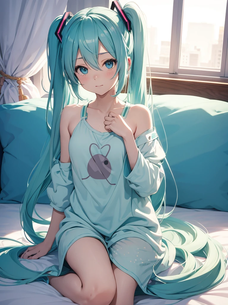 Hatsune Miku, in the bed, pijama