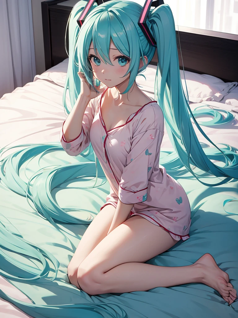 Hatsune Miku, in the bed, pijama