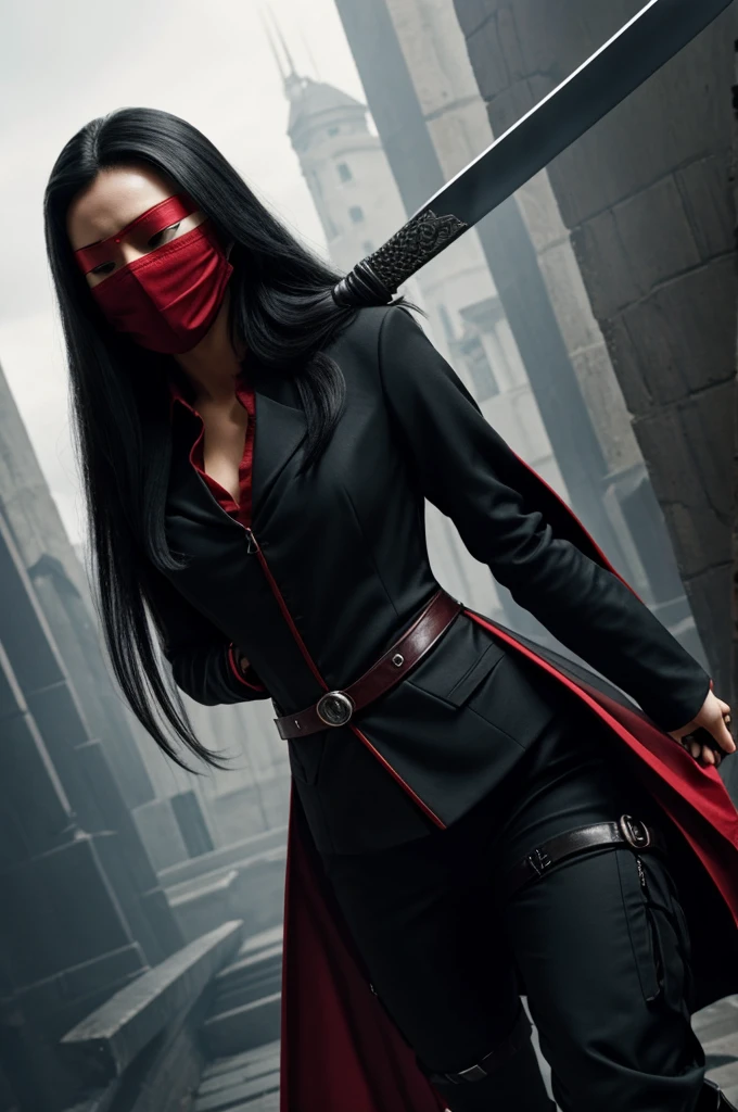  a woman with  red blindfold and blacklonghair,with an assassin suit,with good looking face, she's holding a sword