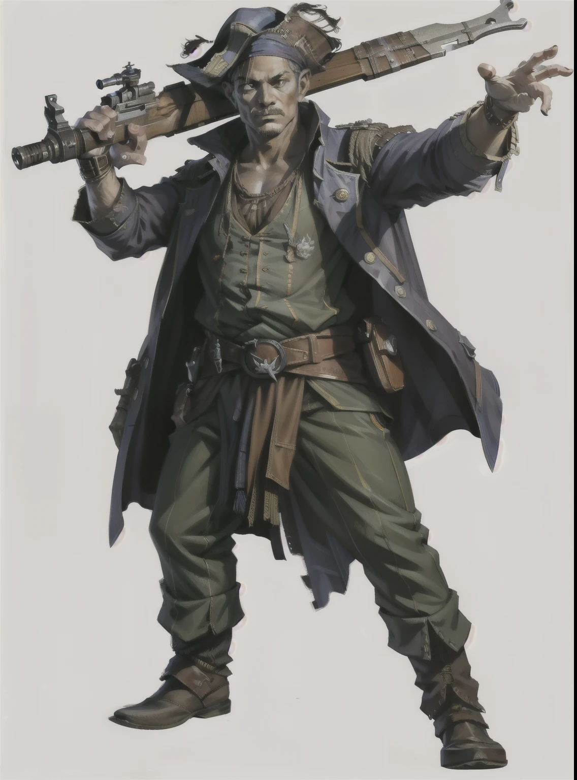 Shooter, old these mixed with precision and half pirate, no back ground, png, com chapeu de cawboy, full body image, and with a rifle in his hand, looking posture