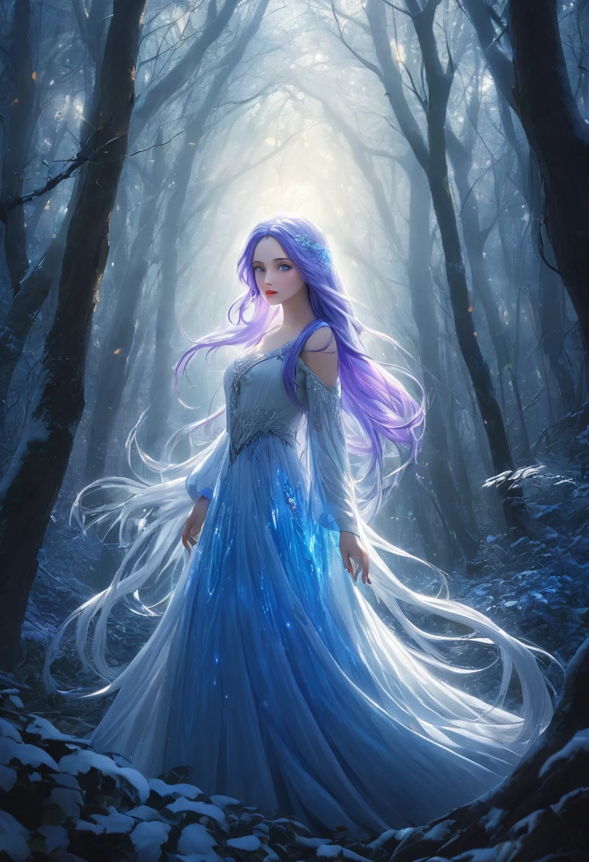 1 small woman with extremely long snow white hair, purple hair with bright electric blue tips, piercing blue eyes, highly detailed face, delicate feminine features, sensual expression, standing in a mystical forest clearing, soft warm lighting, ethereal atmosphere, (best quality,8k,highres,masterpiece:1.2),ultra-detailed,(realistic,photorealistic,photo-realistic:1.37),dramatic lighting,cinematic composition,fantasy,magical realism