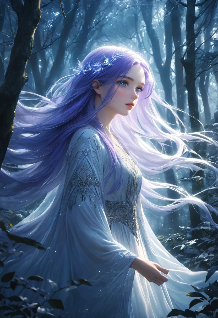 1 small woman with extremely long snow white hair, purple hair with bright electric blue tips, piercing blue eyes, highly detailed face, delicate feminine features, sensual expression, standing in a mystical forest clearing, soft warm lighting, ethereal atmosphere, (best quality,8k,highres,masterpiece:1.2),ultra-detailed,(realistic,photorealistic,photo-realistic:1.37),dramatic lighting,cinematic composition,fantasy,magical realism