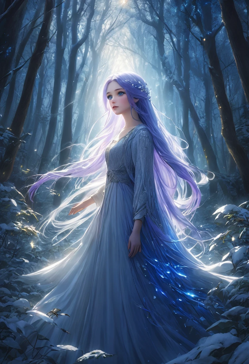 1 small woman with extremely long snow white hair, purple hair with bright electric blue tips, piercing blue eyes, highly detailed face, delicate feminine features, sensual expression, standing in a mystical forest clearing, soft warm lighting, ethereal atmosphere, (best quality,8k,highres,masterpiece:1.2),ultra-detailed,(realistic,photorealistic,photo-realistic:1.37),dramatic lighting,cinematic composition,fantasy,magical realism